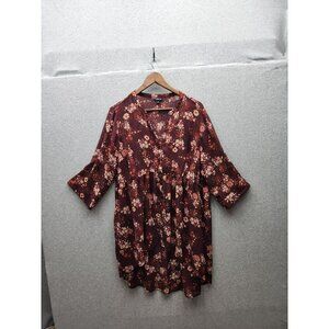 Torrid 2x Shear Floral Burgundy Button-Down Babydoll Tunic Blouse 3/4 Sleeves 10